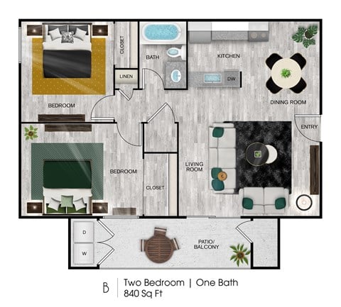 Floor plan for 2 beds, 1 bath, 840 sqft